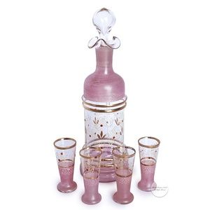 Vintage Barware Set Pink Cordials 6pc Decanter, Stopper and 4 Glasses 50s MCM